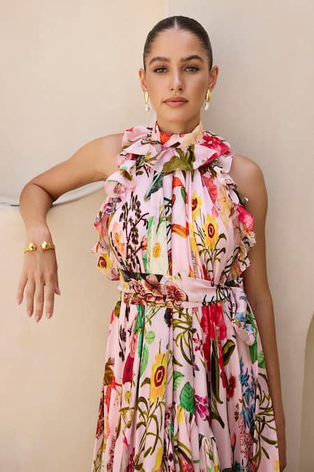 Prints By Radhika Pink Satin Organza Print Floral Vine Band Collar High-low Dress at Aza Fashions Prints By Radhika_Pink Satin Organza Print Floral Vine Band Collar High-low Dress _at_Aza_Fashions