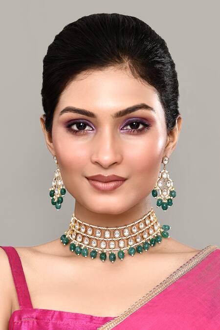 Nazaakat By Samara Singh_Gold Plated Diamonds, Stones Embellished Choker Necklace Set _Online_at_Aza_Fashions