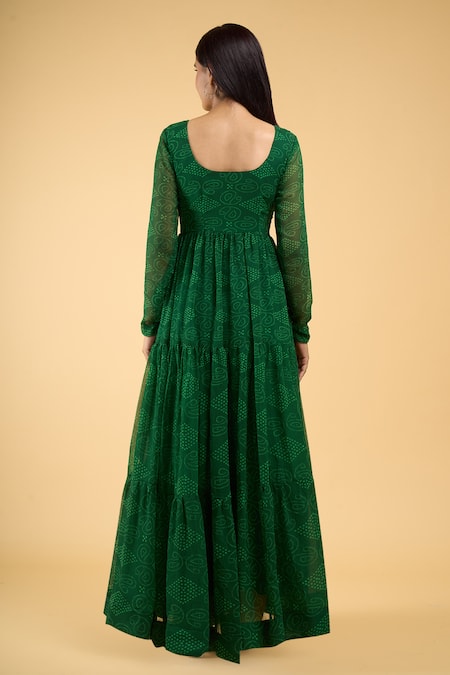 Naintara Bajaj Green Chiffon Round Neck Paisley Bandhani Pattern Tiered Anarkali With Dupatta Online at Aza Fashions Naintara Bajaj_Green Chiffon Round Neck Paisley Bandhani Pattern Tiered Anarkali With Dupatta _Online_at_Aza_Fashions