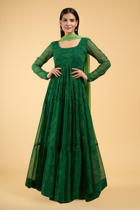 Shop Naintara Bajaj Green Chiffon Round Neck Paisley Bandhani Pattern Tiered Anarkali With Dupatta Online at Aza Fashions Shop_Naintara Bajaj_Green Chiffon Round Neck Paisley Bandhani Pattern Tiered Anarkali With Dupatta _Online_at_Aza_Fashions