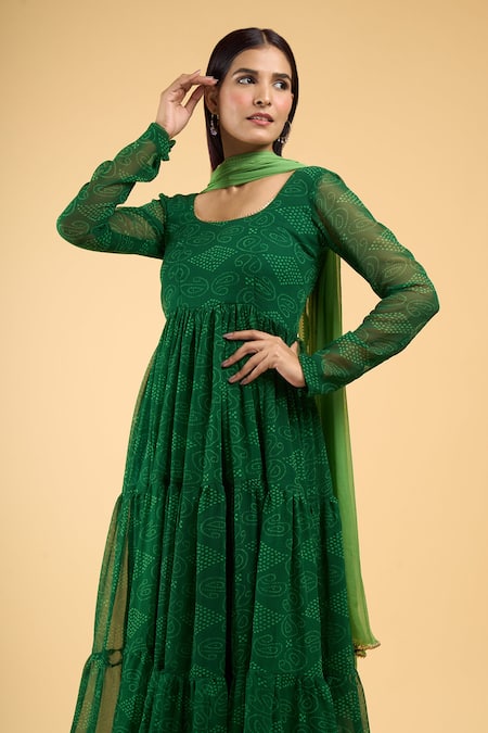 Naintara Bajaj Green Chiffon Round Neck Paisley Bandhani Pattern Tiered Anarkali With Dupatta at Aza Fashions Naintara Bajaj_Green Chiffon Round Neck Paisley Bandhani Pattern Tiered Anarkali With Dupatta _at_Aza_Fashions
