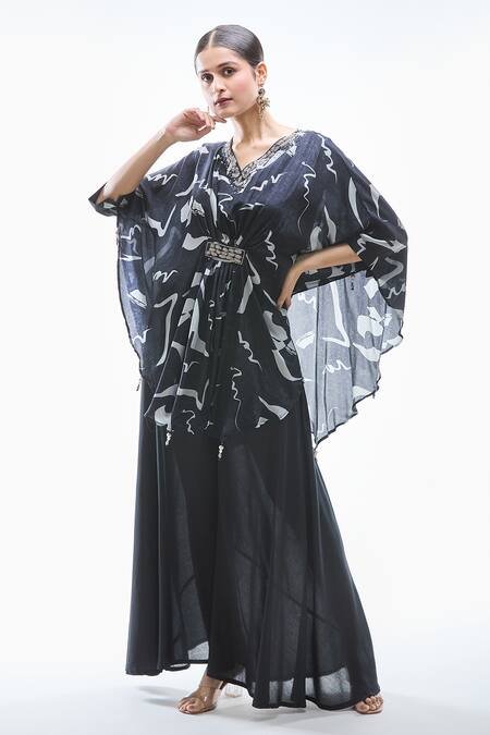 Samyukta Singhania Black Natural Crepe Printed Abstract V Neck Kaftan And Palazzo Set Online at Aza Fashions Samyukta Singhania_Black Natural Crepe Printed Abstract V Neck Kaftan And Palazzo Set_Online_at_Aza_Fashions