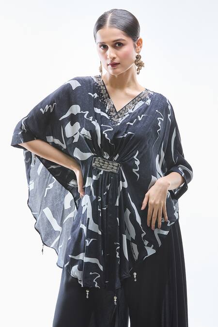Buy Samyukta Singhania Black Natural Crepe Printed Abstract V Neck Kaftan And Palazzo Set Online at Aza Fashions Buy_Samyukta Singhania_Black Natural Crepe Printed Abstract V Neck Kaftan And Palazzo Set_Online_at_Aza_Fashions