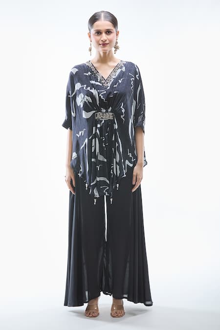 Samyukta Singhania Black Natural Crepe Printed Abstract V Neck Kaftan And Palazzo Set at Aza Fashions Samyukta Singhania_Black Natural Crepe Printed Abstract V Neck Kaftan And Palazzo Set_at_Aza_Fashions