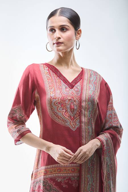 Shop_Samyukta Singhania_Maroon Muslin Lace, Embroidery V-neck Mughal Print Kurta Set_Online_at_Aza_Fashions