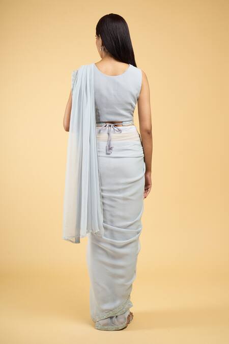 Shop Samyukta Singhania Blue Georgette Sequins, Embroidery Sweetheart Work Pre-draped Saree With Blouse at Aza Fashions Shop_Samyukta Singhania_Blue Georgette Sequins, Embroidery Sweetheart Work Pre-draped Saree With Blouse_at_Aza_Fashions