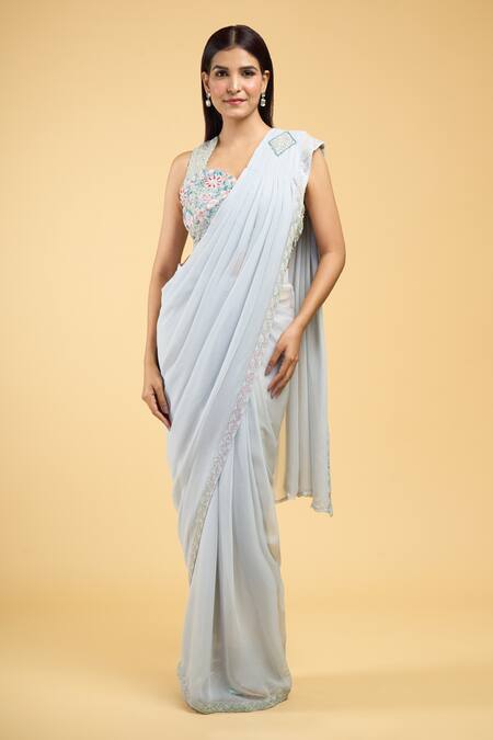 Samyukta Singhania Blue Georgette Sequins, Embroidery Sweetheart Work Pre-draped Saree With Blouse Online at Aza Fashions Samyukta Singhania_Blue Georgette Sequins, Embroidery Sweetheart Work Pre-draped Saree With Blouse_Online_at_Aza_Fashions