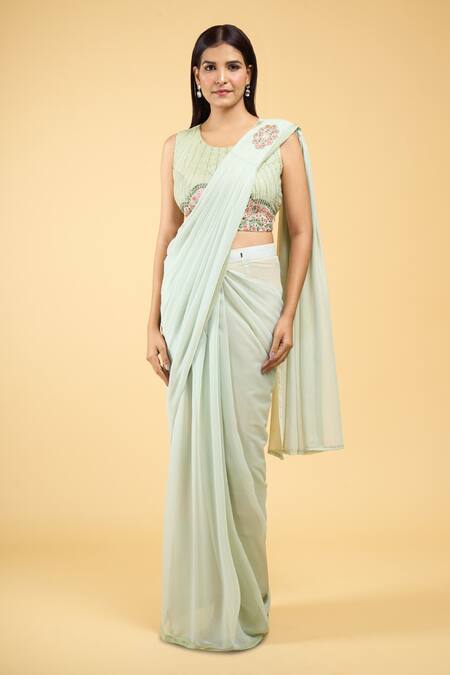 Samyukta Singhania_Green Georgette Sequins, Cut Work, Floral Pre-draped Saree With Blouse_Online_at_Aza_Fashions