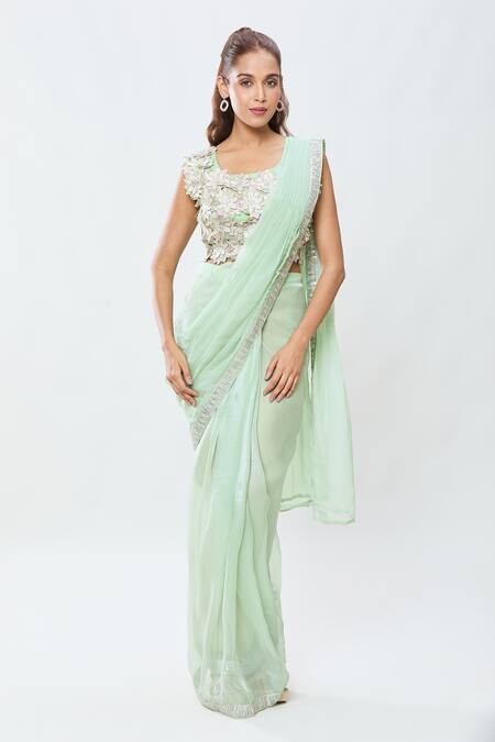 Samyukta Singhania_Green Georgette Sequins, Embroidery Round Border Pre-draped Saree With Blouse_Online_at_Aza_Fashions