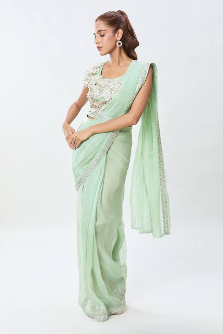Buy_Samyukta Singhania_Green Georgette Sequins, Embroidery Round Border Pre-draped Saree With Blouse_Online_at_Aza_Fashions