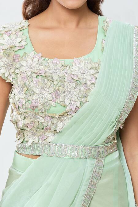 Shop_Samyukta Singhania_Green Georgette Sequins, Embroidery Round Border Pre-draped Saree With Blouse_Online_at_Aza_Fashions
