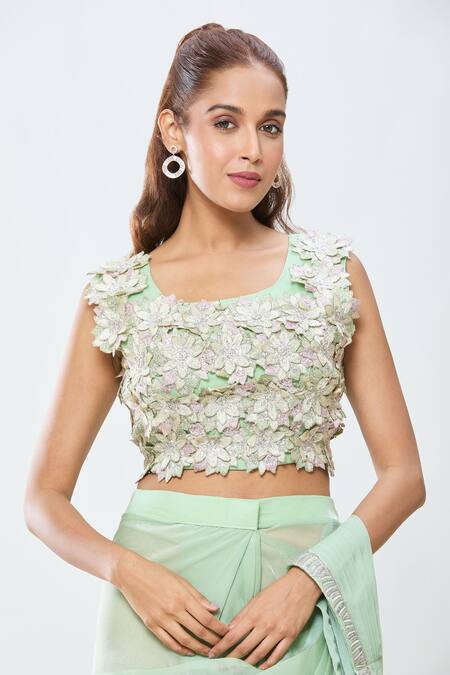 Samyukta Singhania_Green Georgette Sequins, Embroidery Round Border Pre-draped Saree With Blouse_at_Aza_Fashions