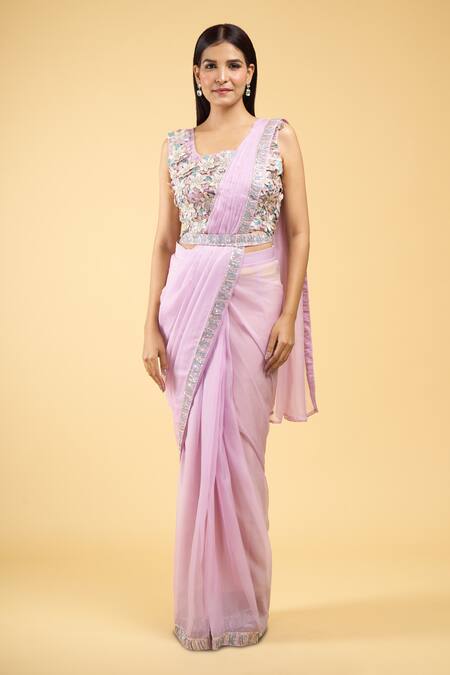 Buy_Samyukta Singhania_Purple Georgette Sequins, Embroidery Round Pre-draped Saree With Floral Blouse_Online_at_Aza_Fashions