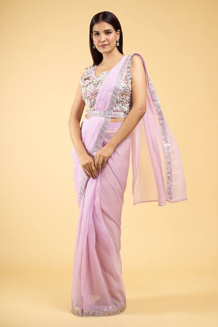 Shop_Samyukta Singhania_Purple Georgette Sequins, Embroidery Round Pre-draped Saree With Floral Blouse_Online_at_Aza_Fashions