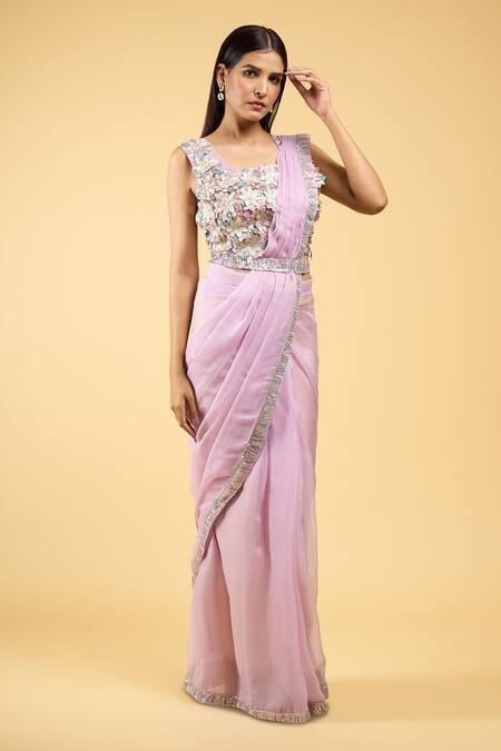 Samyukta Singhania_Purple Georgette Sequins, Embroidery Round Pre-draped Saree With Floral Blouse_at_Aza_Fashions