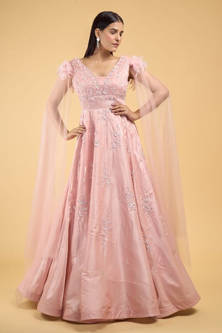 Samyukta Singhania Pink Jimmy Choo Embroidery Sequin Applique Blunt V Neck Gown 