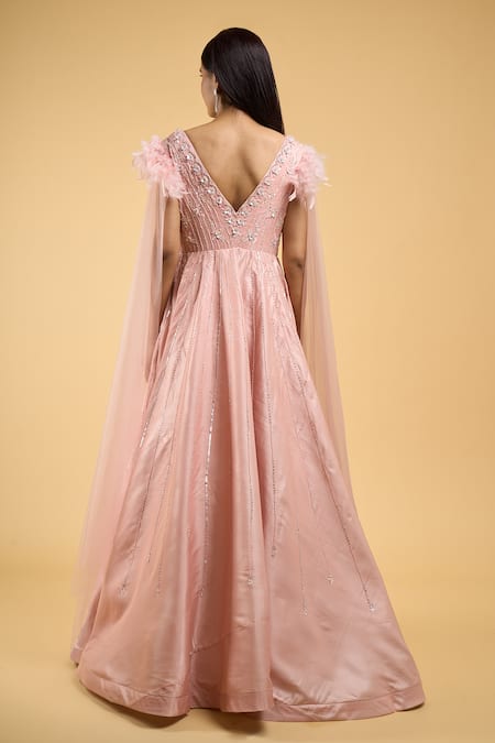 Shop Samyukta Singhania Pink Net Sequins, Beads, Feathers V-neck Applique Embroidered Gown at Aza Fashions Shop_Samyukta Singhania_Pink Net Sequins, Beads, Feathers V-neck Applique Embroidered Gown_at_Aza_Fashions