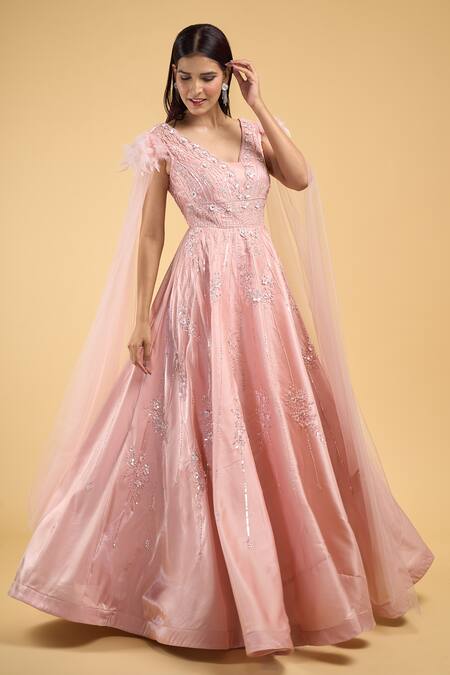Samyukta Singhania Pink Net Sequins, Beads, Feathers V-neck Applique Embroidered Gown Online at Aza Fashions Samyukta Singhania_Pink Net Sequins, Beads, Feathers V-neck Applique Embroidered Gown_Online_at_Aza_Fashions