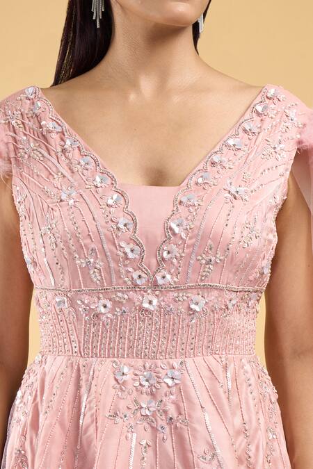 Shop Samyukta Singhania Pink Net Sequins, Beads, Feathers V-neck Applique Embroidered Gown Online at Aza Fashions Shop_Samyukta Singhania_Pink Net Sequins, Beads, Feathers V-neck Applique Embroidered Gown_Online_at_Aza_Fashions
