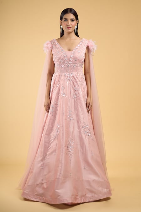 Samyukta Singhania Pink Net Sequins, Beads, Feathers V-neck Applique Embroidered Gown at Aza Fashions Samyukta Singhania_Pink Net Sequins, Beads, Feathers V-neck Applique Embroidered Gown_at_Aza_Fashions