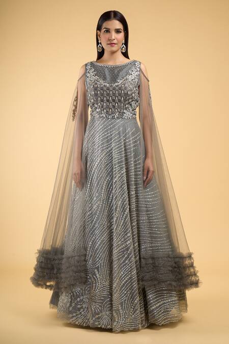 Samyukta Singhania_Grey Net Crystals, Cut Work, Sequins Boat Neck Stripe Embroidered Gown_Online_at_Aza_Fashions