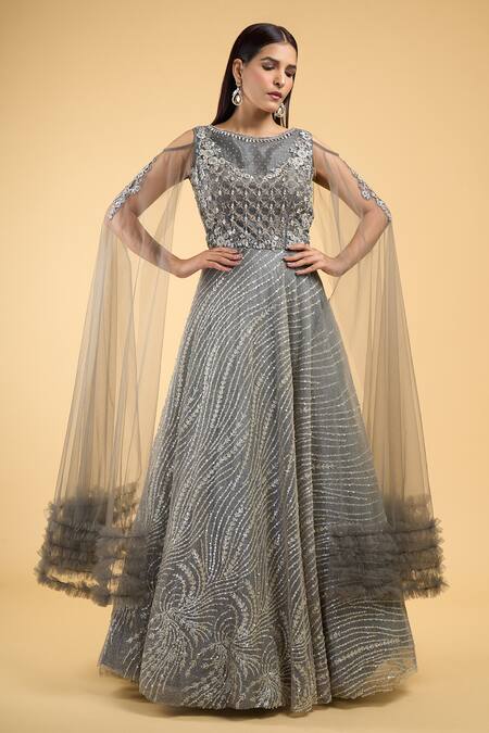 Buy_Samyukta Singhania_Grey Net Crystals, Cut Work, Sequins Boat Neck Stripe Embroidered Gown_Online_at_Aza_Fashions