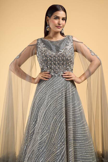 Shop_Samyukta Singhania_Grey Net Crystals, Cut Work, Sequins Boat Neck Stripe Embroidered Gown_Online_at_Aza_Fashions