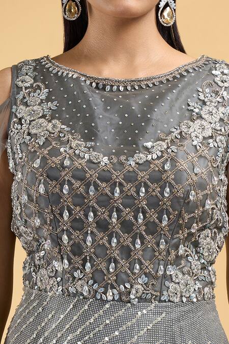 Samyukta Singhania_Grey Net Crystals, Cut Work, Sequins Boat Neck Stripe Embroidered Gown_at_Aza_Fashions