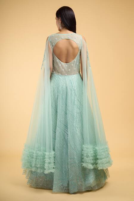 Shop Samyukta Singhania Blue Net Beads, Sequins, Cut Work Boat Neck Crystal Embroidered Gown at Aza Fashions Shop_Samyukta Singhania_Blue Net Beads, Sequins, Cut Work Boat Neck Crystal Embroidered Gown_at_Aza_Fashions