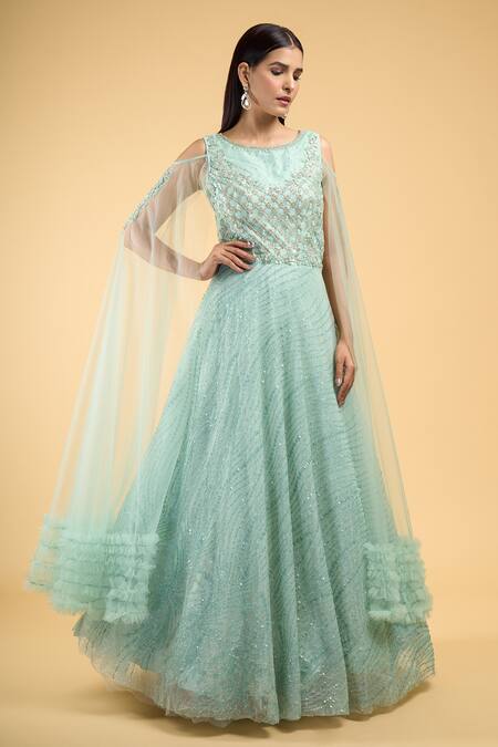 Buy Samyukta Singhania Blue Net Beads, Sequins, Cut Work Boat Neck Crystal Embroidered Gown Online at Aza Fashions Buy_Samyukta Singhania_Blue Net Beads, Sequins, Cut Work Boat Neck Crystal Embroidered Gown_Online_at_Aza_Fashions