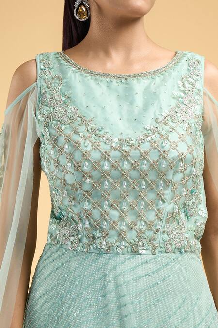 Buy Samyukta Singhania Blue Net Beads, Sequins, Cut Work Boat Neck Crystal Embroidered Gown Buy_Samyukta Singhania_Blue Net Beads, Sequins, Cut Work Boat Neck Crystal Embroidered Gown