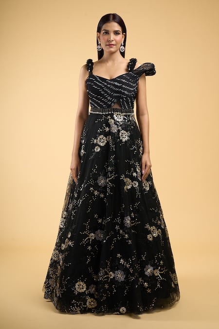 Samyukta Singhania_Black Net Sequins, Beads Sweetheart Neck Work Gown_Online_at_Aza_Fashions