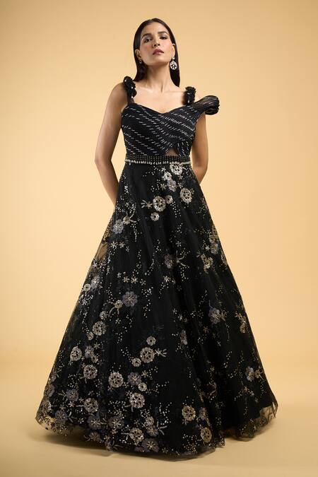 Shop_Samyukta Singhania_Black Net Sequins, Beads Sweetheart Neck Work Gown_Online_at_Aza_Fashions
