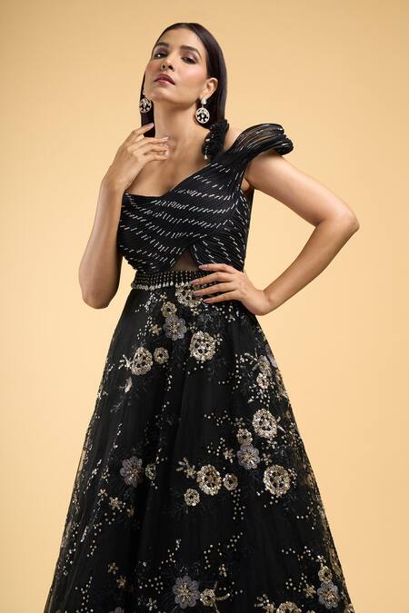 Samyukta Singhania_Black Net Sequins, Beads Sweetheart Neck Work Gown_at_Aza_Fashions