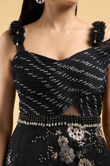 Buy_Samyukta Singhania_Black Net Sequins, Beads Sweetheart Neck Work Gown