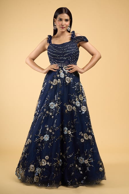 Samyukta Singhania Blue Net Embroidery Sequin Sweetheart Neck Work Structured Gown 