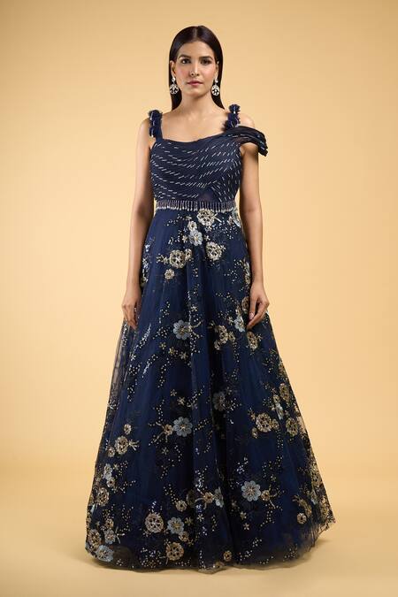 Samyukta Singhania_Blue Net Cut Work, Sequins, Beads Sweetheart Neck Structured Gown_Online_at_Aza_Fashions