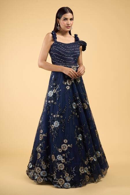 Buy_Samyukta Singhania_Blue Net Cut Work, Sequins, Beads Sweetheart Neck Structured Gown_Online_at_Aza_Fashions