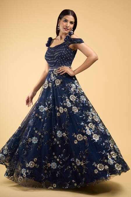 Shop_Samyukta Singhania_Blue Net Cut Work, Sequins, Beads Sweetheart Neck Structured Gown_Online_at_Aza_Fashions