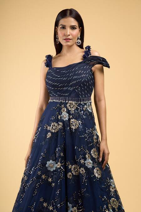 Samyukta Singhania_Blue Net Cut Work, Sequins, Beads Sweetheart Neck Structured Gown_at_Aza_Fashions