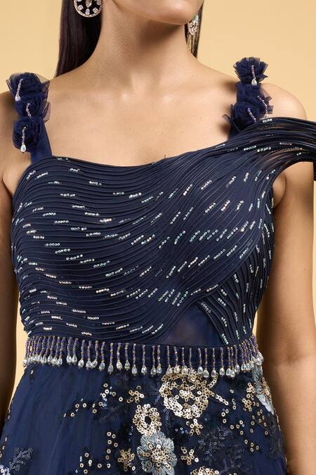 Buy_Samyukta Singhania_Blue Net Cut Work, Sequins, Beads Sweetheart Neck Structured Gown