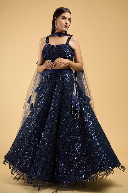 Samyukta Singhania_Blue Net Sequins, Embroidery Sweetheart Neck Wave Lehenga Set_Online_at_Aza_Fashions