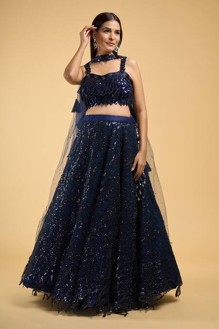 Buy_Samyukta Singhania_Blue Net Sequins, Embroidery Sweetheart Neck Wave Lehenga Set_Online_at_Aza_Fashions