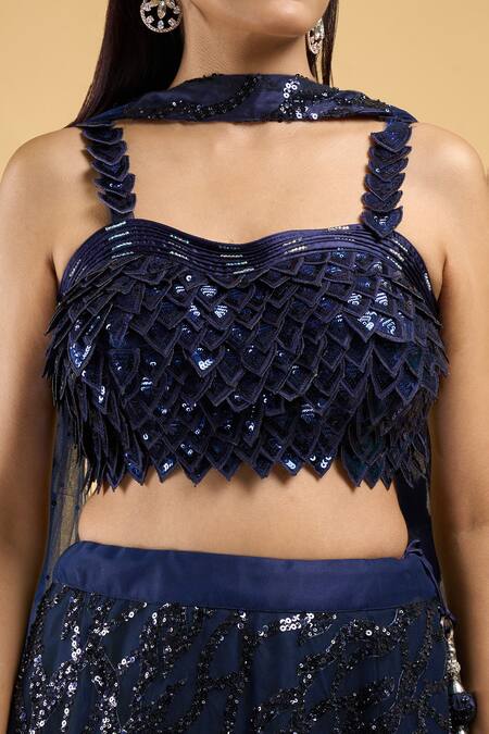 Shop_Samyukta Singhania_Blue Net Sequins, Embroidery Sweetheart Neck Wave Lehenga Set_Online_at_Aza_Fashions