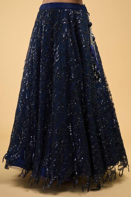Samyukta Singhania_Blue Net Sequins, Embroidery Sweetheart Neck Wave Lehenga Set_at_Aza_Fashions