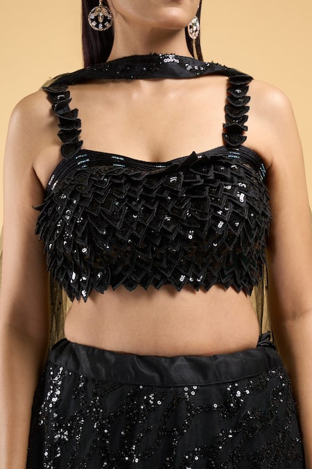 Shop_Samyukta Singhania_Black Net Sequins, Embroidery Sweetheart Neck Wave Lehenga Set _Online_at_Aza_Fashions