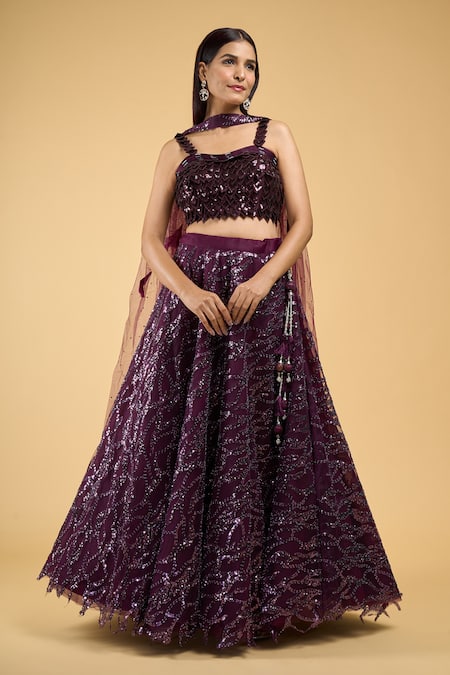 Buy Samyukta Singhania Purple Net Sequins, Embroidery Sweetheart Neck Lehenga Set Online at Aza Fashions Buy_Samyukta Singhania_Purple Net Sequins, Embroidery Sweetheart Neck Lehenga Set _Online_at_Aza_Fashions