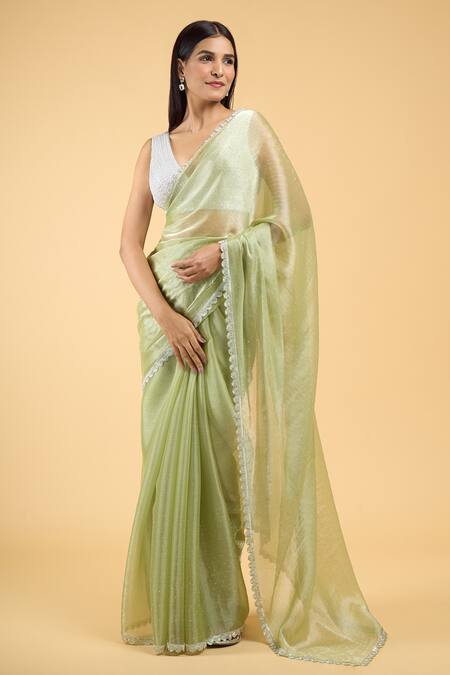Samyukta Singhania_Green Jersey, Silk Cut Work Mukaish Saree With Running Blouse_Online_at_Aza_Fashions