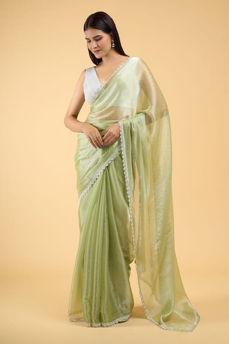 Buy_Samyukta Singhania_Green Jersey, Silk Cut Work Mukaish Saree With Running Blouse_Online_at_Aza_Fashions