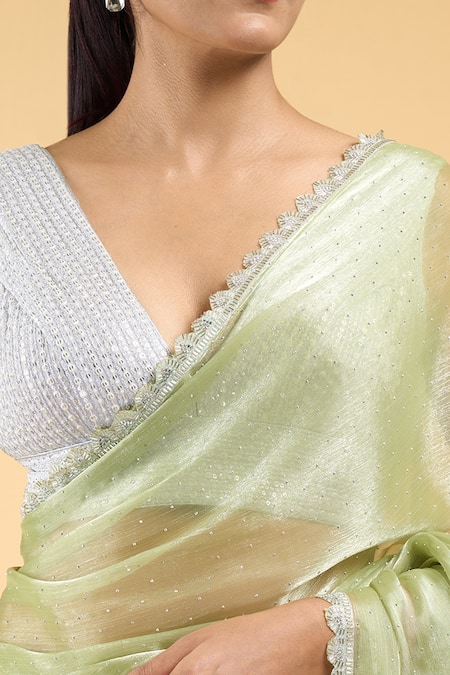 Samyukta Singhania_Green Jersey, Silk Cut Work Mukaish Saree With Running Blouse_at_Aza_Fashions